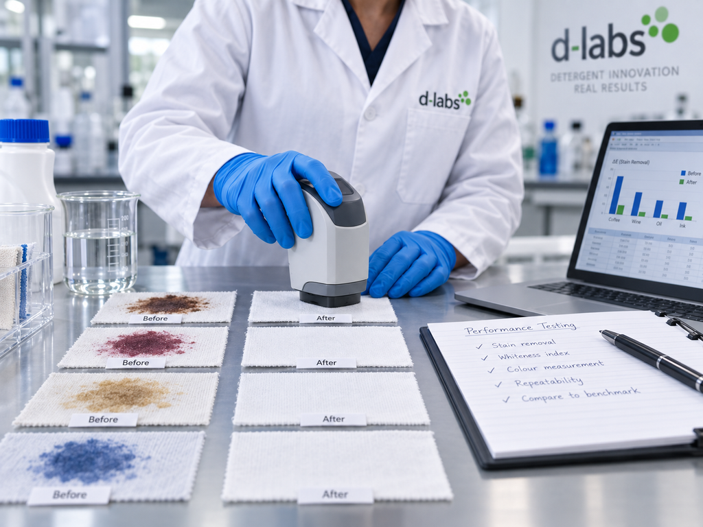 Detergent performance testing using stained fabric swatches
